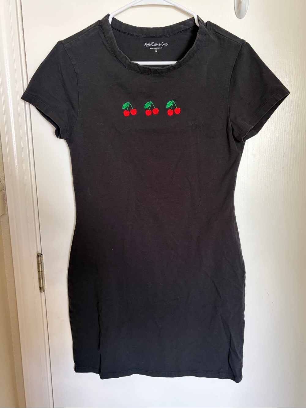 Rebellious One Black T‑Shirt Dress with Cherry Embroidery